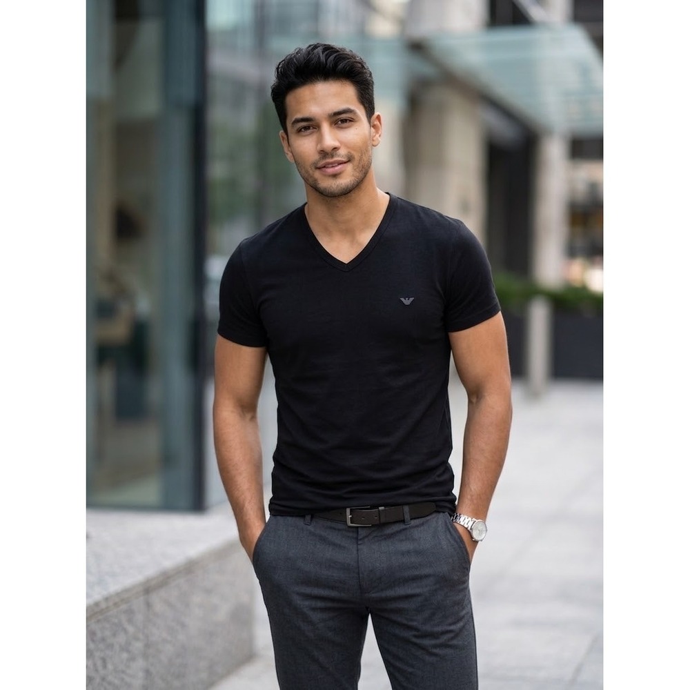 Emporio Armani Mens Black V-Neck T-Shirt Eagle Logo Size M
